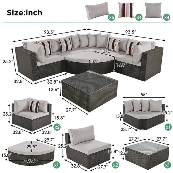 English Elm Go 7 Piece Outdoor Pe Wicker Sectional Set with Steel Frame and Striped Accent Pillows Brown FG201212AAA