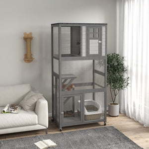 English Elm Pawhut Weatherproof Wooden Catio Outdoor Cat Enclosure with Wheels Multi-level Design W2225P229469