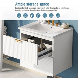 English Elm Modern 24-Inch Wall-Mounted Bathroom Vanity with 2 Drawers, Gold Handles, Space-Saving Luxury White WF324047AAK