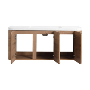 English Elm 48" Floating Bathroom Vanity Dual Ceramic Vessel Sinks Oak Finish Soft Close Doors W999S00507