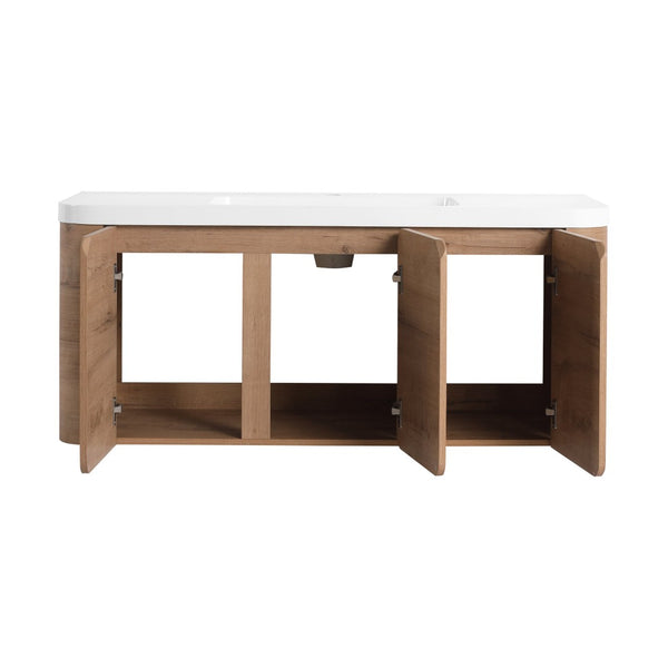 English Elm 48" Floating Bathroom Vanity Dual Ceramic Vessel Sinks Oak Finish Soft Close Doors W999S00507