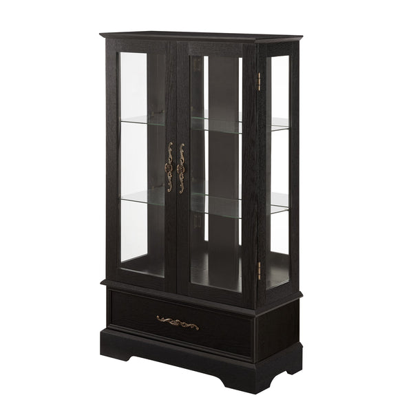 English Elm Lighted Curio Cabinet With Adjustable Shelves & Built-In Drawer - Elegant Display With Lighting, Black W1758P297549