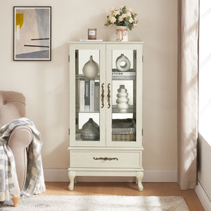 English Elm Curio Lighted Glass Display Cabinet with Adjustable Shelves, Vintage Drawer & Carved Metal Handle, Dark Finish Antique White W2275P199815