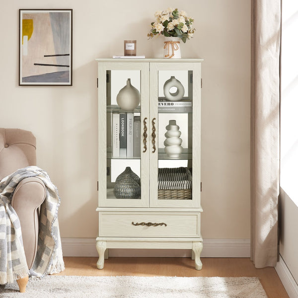 English Elm Curio Lighted Glass Display Cabinet with Adjustable Shelves, Vintage Drawer & Carved Metal Handle, Dark Finish Antique White W2275P199815