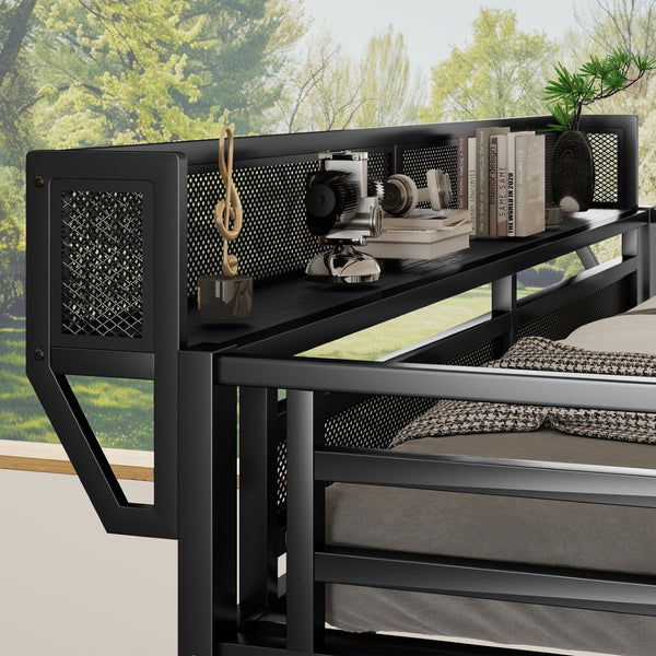 English Elm Twin Xl Loft Bed With Stairs & Storage Shelves, Metal High Bed For Teens & Small Spaces, Black W2580S00049-GIGA