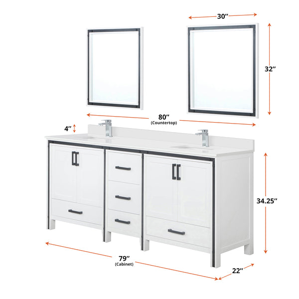 English Elm White Double Bath Vanity 80 in W x 22 in D with White Quartz Top, Chrome Faucet, 30x32 Mirrors B2731S01132