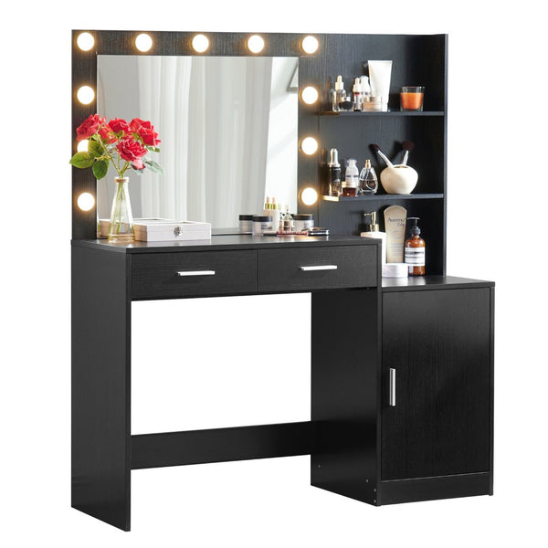 English Elm Vanity Desk Matte Black Mdf Dressing Table Lighted Mirror Two Drawers Bedroom W2386P415278