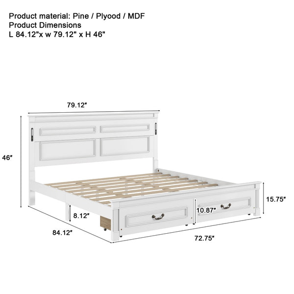 English Elm King Pine Wood Storage Bed with Led Lighting Usb Charging Tall Panel Headboard White W504S00269