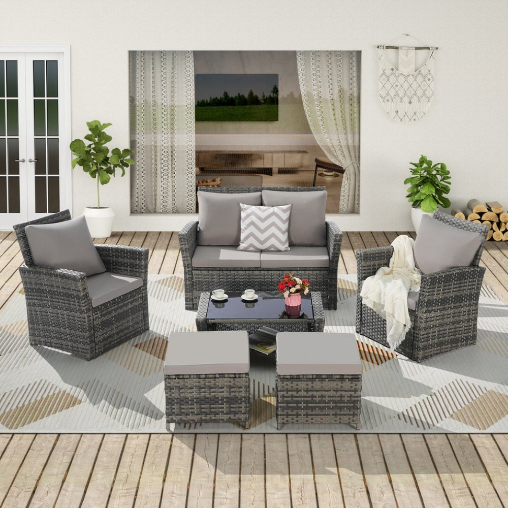 English Elm 6 Piece Outdoor Wicker Sectional with Tempered Glass Table and Weather Resistant Cushions W874P264687