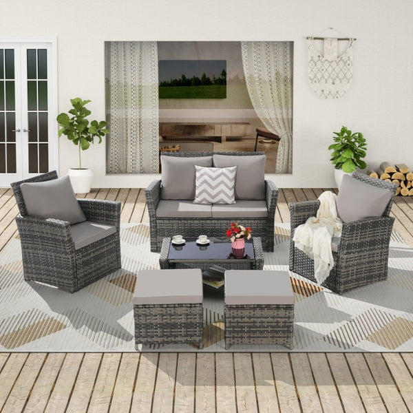 English Elm 6 Piece Outdoor Wicker Sectional with Tempered Glass Table and Weather Resistant Cushions W874P264687