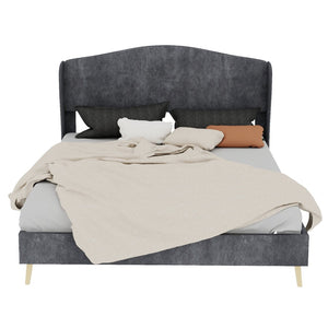 English Elm Velvet Tufted Queen Platform Bed Diamond Headboard for Elegant Master Bedroom Grey W1935P361019