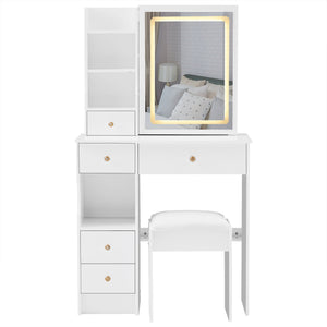 English Elm 29.2" Compact Left Drawer Vanity Table Set With Touch Control Led Mirror & Cushioned Stool For Small Spaces W3258P299611