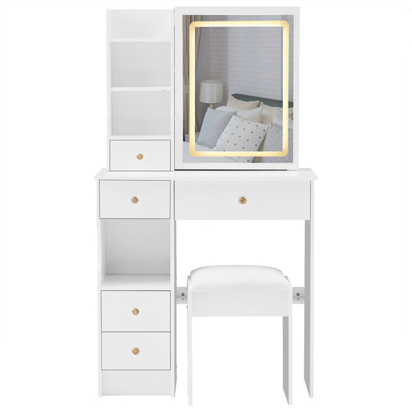 English Elm 29.2" Compact Left Drawer Vanity Table Set With Touch Control Led Mirror & Cushioned Stool For Small Spaces W3258P299611