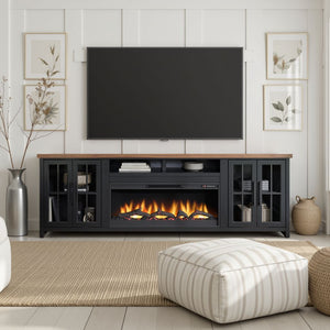 English Elm 97 inch Fireplace TV Stand Console — Two-Tone Black & Whiskey Farmhouse Media Center w/ Fireplace Remote, Cable Management B108P160223