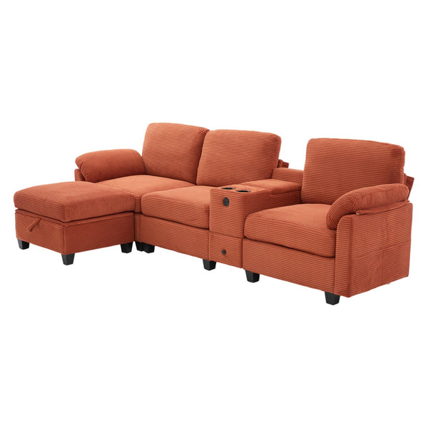 English Elm United Corduroy L-Shaped 4-Seater Sofa With Usb, Cup Holders & Storage Ottoman - Perfect For Apartments! W1568S00225-GIGA