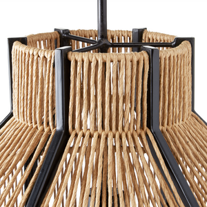 Mali Pendant Light Fixture - Bohemian Woven Design with Satin Black Iron, Adjustable Height & Warm Glow