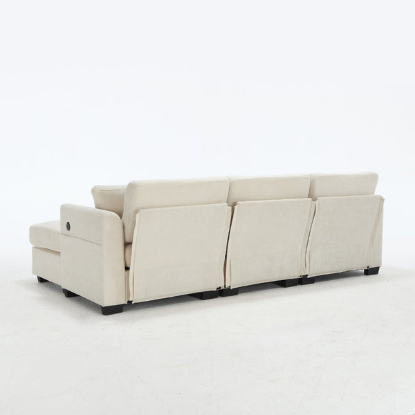 English Elm Modern Chenille L-shaped Sectional with Usb Charging Ottoman Storage Living Room Couch Beige W2120S00016