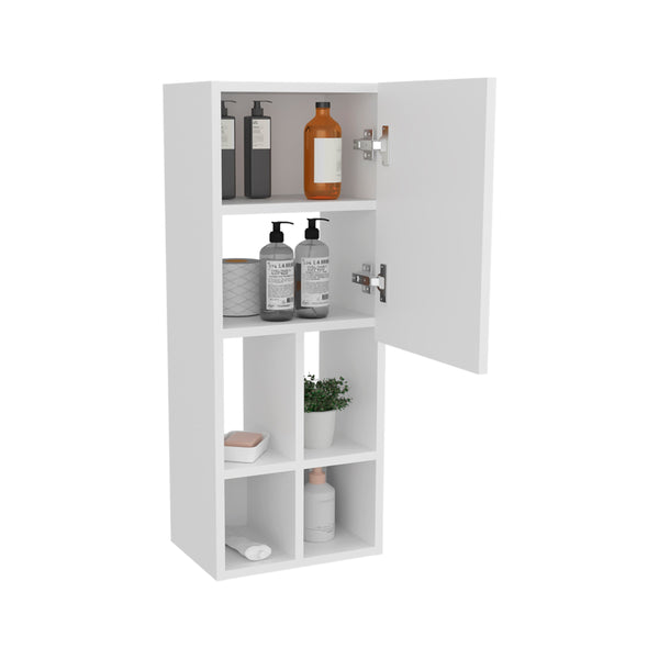 English Elm White Wall-Mounted Bathroom Cabinet with Door, 4 Open Shelves for Space-Saving Storage & Display B062P323177