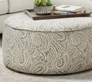 English Elm Transitional Round Upholstered Ottoman With Paisley Pattern, Welt Trim, And Multi-Finish Base B2741P355858-GIGA