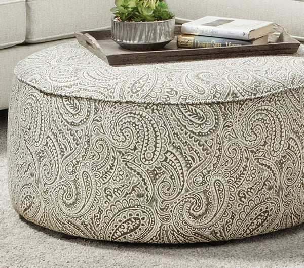 English Elm Transitional Round Upholstered Ottoman With Paisley Pattern, Welt Trim, And Multi-Finish Base B2741P355858-GIGA