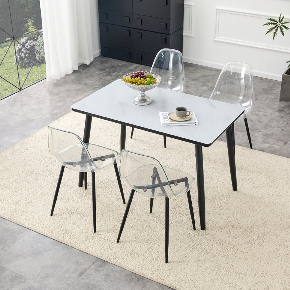 English Elm Table and Chair Set Marble Glass Top with Black Mdf Shelf Four Transparent Seats W1151S04663