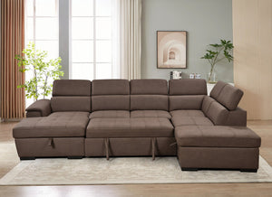 English Elm 128"Sofa U-Shaped Sectional with Pull-Out Bed, Storage Chaises, Adjustable Headrests for Comfort Dark Brown W1417S00087