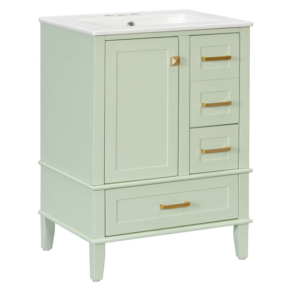 English Elm 24" Olive Bathroom Vanity Solid Wood Frame Ceramic Sink Gold Hardware Soft Close Green N729P373276F