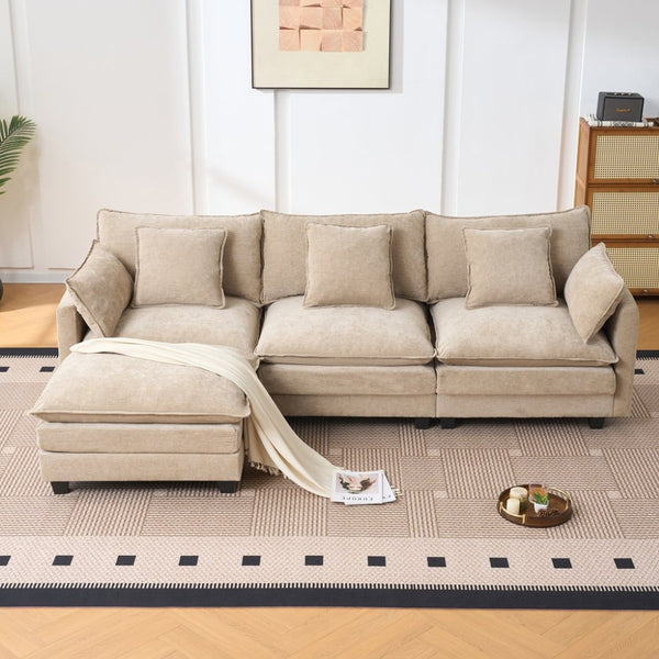 English Elm Beige Chenille Sectional Sofa with Modular Ottoman for Living Room or Studio Coffee W2603S00002