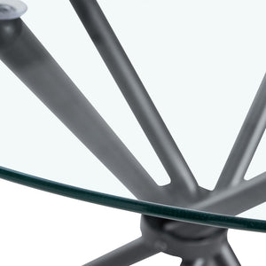 English Elm A Round Tempered Glass Dining Table with Sculptural Black Metal Legs for Modern Spaces W1151P411356