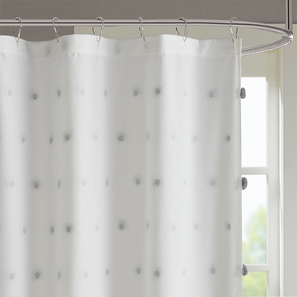 JLA Home Madison Park - Shower Curtain with Soft Fabric Pom-Poms on White Ground — Textured, Machine-Washable 72"x72" Grey MP70-6598