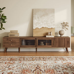 English Elm 76" Wood Grain Media Console with Glass Doors Deep Drawers and Living Room Storage N710P397467P