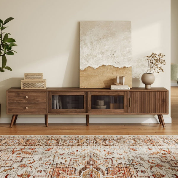 English Elm 76" Wood Grain Media Console with Glass Doors Deep Drawers and Living Room Storage N710P397467P