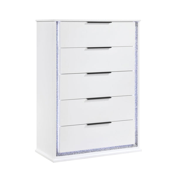 English Elm Contemporary Glam White Vertical Dresser with Led Lighting and Silver Trim for Bedroom B011P458601
