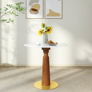 English Elm Modern Round Dining Table - 33.5" Sintered Stone Top With Wooden Legs & Gold Base, 2-Person Design W1535S00575