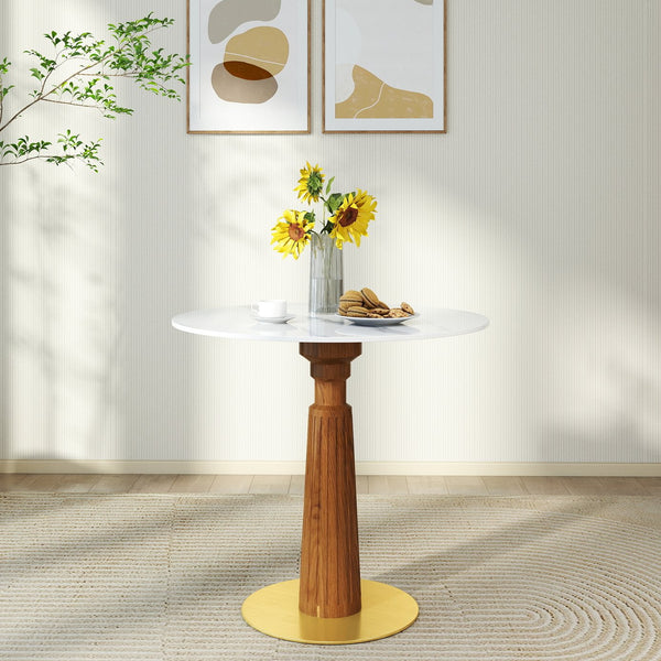 English Elm Modern Round Dining Table - 33.5" Sintered Stone Top With Wooden Legs & Gold Base, 2-Person Design W1535S00575