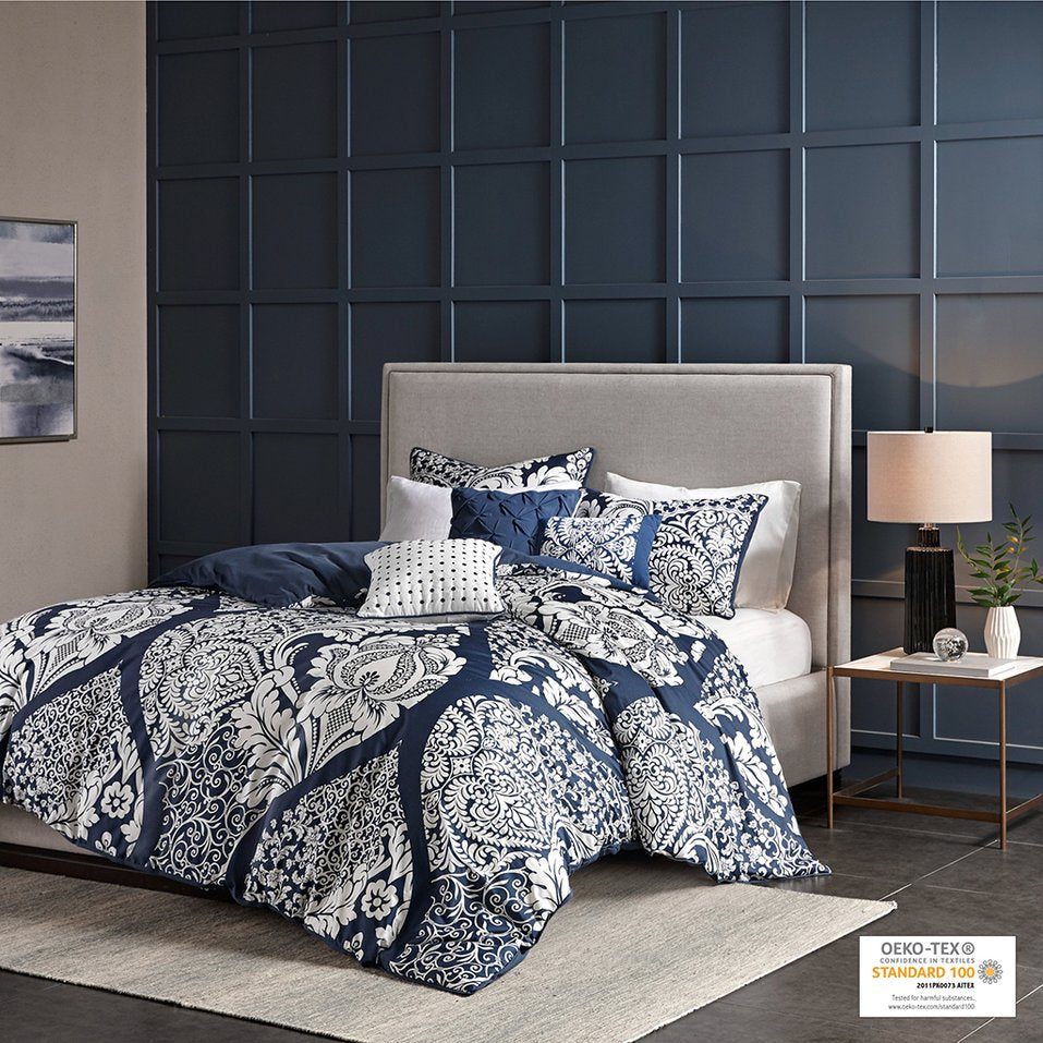 JLA Home Madison Park - 6 Madison Park Vienna Duvet Set with Damask Print, Cotton Sateen, OEKO‑TEX, Pillows & Ties 90 L x 90 W x 0.13H MP12-3832