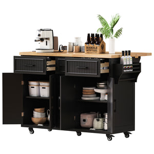 English Elm K&K 56.5" Kitchen Island with Drop Leaf, Embossed Vertical Stripe Barn Doors, Wheels & Charging Hub Black N707P263094B