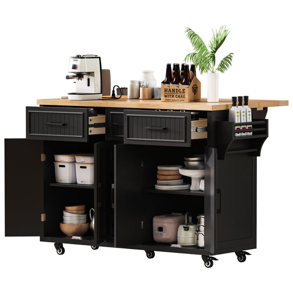 English Elm K&K 56.5" Kitchen Island with Drop Leaf, Embossed Vertical Stripe Barn Doors, Wheels & Charging Hub Black N707P263094B