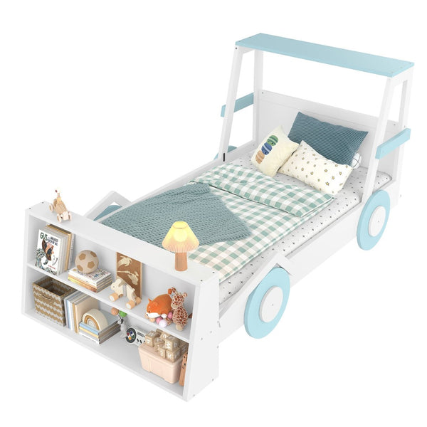 English Elm Twin Pine Treehouse Floor Bed with Padded Rails and Cabin Roofline for Kids White+Blue W1580S00470