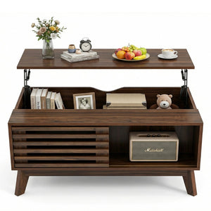 English Elm Lift Top Coffee Table Walnut Finish Mid Century Hidden Storage Slatted Cabinet W3204P465920
