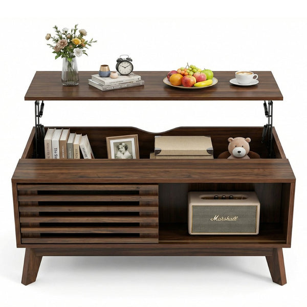 English Elm Lift Top Coffee Table Walnut Finish Mid Century Hidden Storage Slatted Cabinet W3204P465920