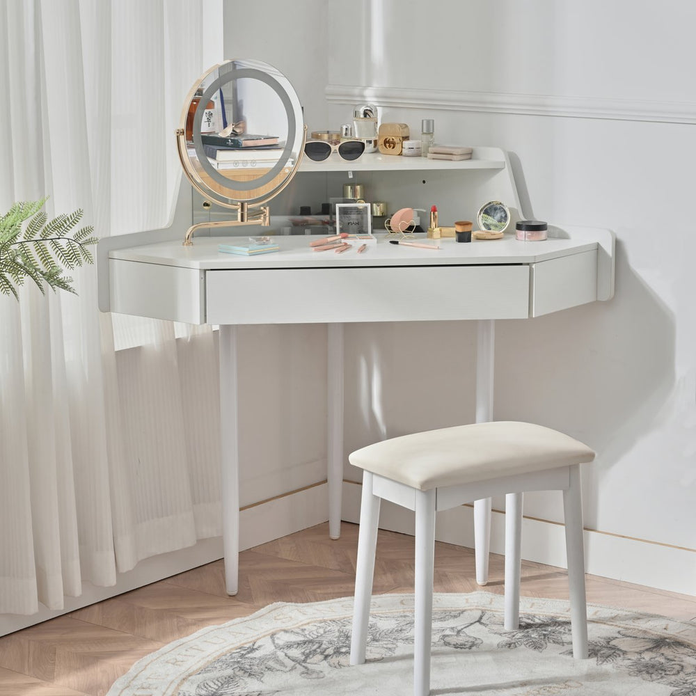 English Elm Modern Corner Makeup Vanity Desk with 360° Rotating LED Mirror, Drawer, Cabinet & Cushioned Stool N844P263664A