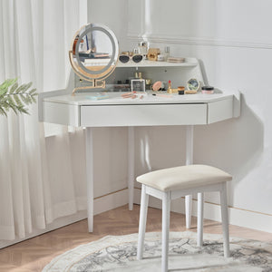 English Elm Modern Corner Makeup Vanity Desk with 360° Rotating LED Mirror, Drawer, Cabinet & Cushioned Stool N844P263664A
