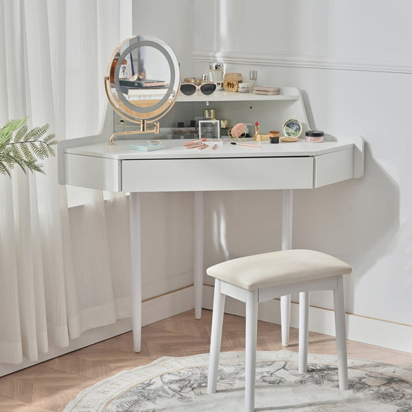 English Elm Modern Corner Makeup Vanity Desk with 360° Rotating LED Mirror, Drawer, Cabinet & Cushioned Stool N844P263664A