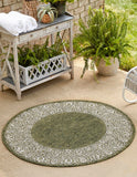 Unique Loom Outdoor Border Floral Border Machine Made Floral Rug Green, Ivory/Gray 7' 10" x 7' 10"