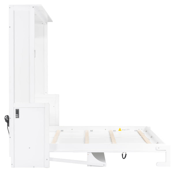 English Elm Queen Murphy Bed with Desk, Built-In LED Lights, USB Charging Ports & Space-Saving Modern Design White N7500004014K