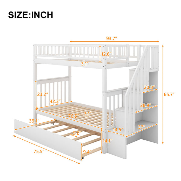 English Elm Twin Twin-over-Twin Bunk Bed with Trundle, Solid Wood Slat Support, Guardrail & Built-In Storage for Three Sleeps White SM000304AAK-1