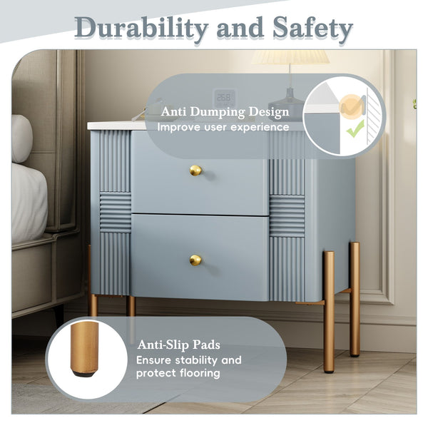 English Elm Christopher Knight Home® - Modern Fluted Nightstand with Two Drawers and Gold Legs, Sleek Textured Bedside Table for Stylish Storage and Easy Cleaning Blue 23 L x 18 W x 18 H N761P285710C