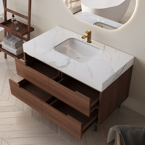 English Elm This Farmhouse Vanity Pairs Sintered Stone with Soft-close Drawers for a Refined Bath W3136S00023