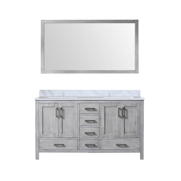 English Elm Distressed Grey Double Bath Vanity with Carrara Marble Top, Soft-Close Drawers, Mirror Included B2731S00699